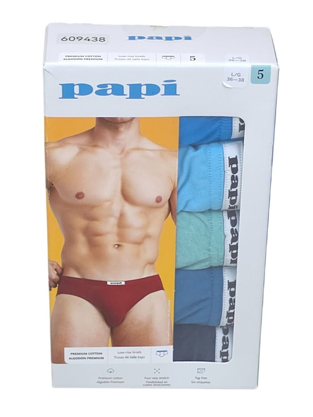 Papi Mens Premium Cotton Low-Rise Briefs 5-Pack L/G 36-38 Assorted Colors